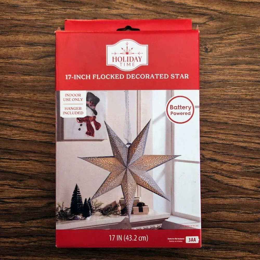 NEW Light Up Battery Operated Flocked Star Christmas Hanging Decoration Decor Ho